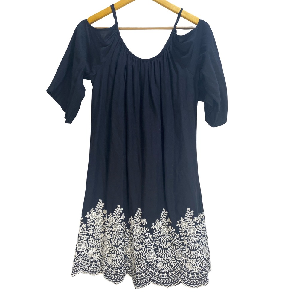 Karen Kane Black Embroidered Cold Shoulder Dress Small Boho Scalloped Hem USA